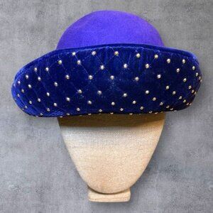 Vintage Cobalt Blue Wool Hat with Quilted Velvet Brim - Gold Stud Accents
